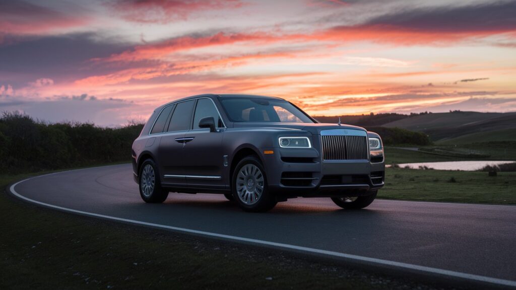 A stunning image of a luxurious SUV, captured from the best possible angle, showcasing its sleek design and high-end features. The vehicle stands tall and proud on a smooth, curved road surrounded by lush greenery. The background features a picturesque scene of a vibrant sunset, with warm hues of orange, pink, and purple painting the sky. The landscape in the distance includes rolling hills and a serene lake, reflecting the beautiful colors of the sky.