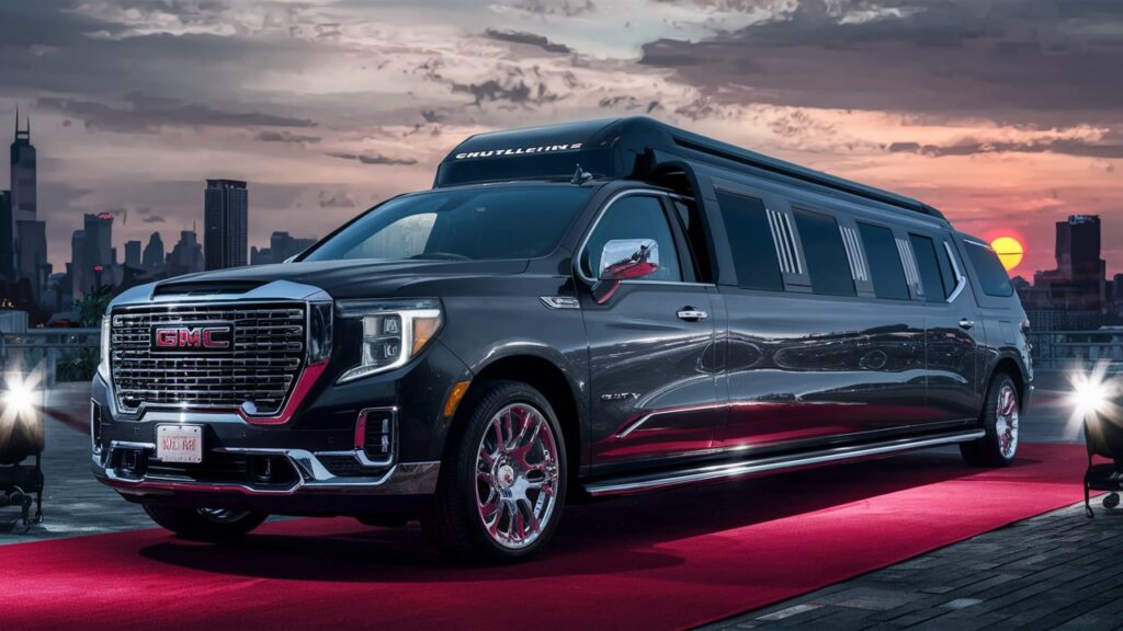 A stunning image of GMC limousines, featuring a sleek and luxurious shuttle limousine. The limo is adorned with gleaming chrome accents and has dark tinted windows, creating an air of mystery. The car is parked on a red carpet, with spotlights illuminating its best angles. In the background, there's a bustling city skyline with tall skyscrapers and a setting sun, casting a warm orange glow over the scene. The overall ambiance exudes elegance and sophistication.