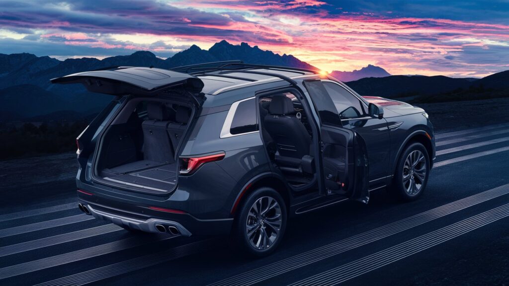 A stunning image of a sleek, modern SUV showcasing its versatility and spacious interior. The vehicle is captured from an angle that emphasizes its ample cargo space and third-row seating. The SUV's exterior design is sleek and stylish, with a touch of luxury. The background features a scenic mountain landscape, with the sun setting behind the peaks, casting vibrant colors across the sky. This breathtaking backdrop highlights the SUV's ability to effortlessly handle various terrains and environments, showcasing its true versatility.