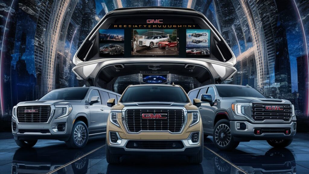 A stunning display of GMC limousines, featuring the GMC Yukon, GMC Sierra, and GMC Savanna, all showcasing their innovative entertainment and technology. The GMC Yukon is shown from a low angle, emphasizing its massive size and luxurious interior. The GMC Sierra appears from a slightly elevated angle, highlighting its powerful build and advanced technology. The GMC Savanna is captured from a high angle, emphasizing its sleek design and modern features. The background is an impressive cityscape, with tall skyscrapers and a vibrant city life, reflecting the luxurious and powerful nature of the GMC limousines.