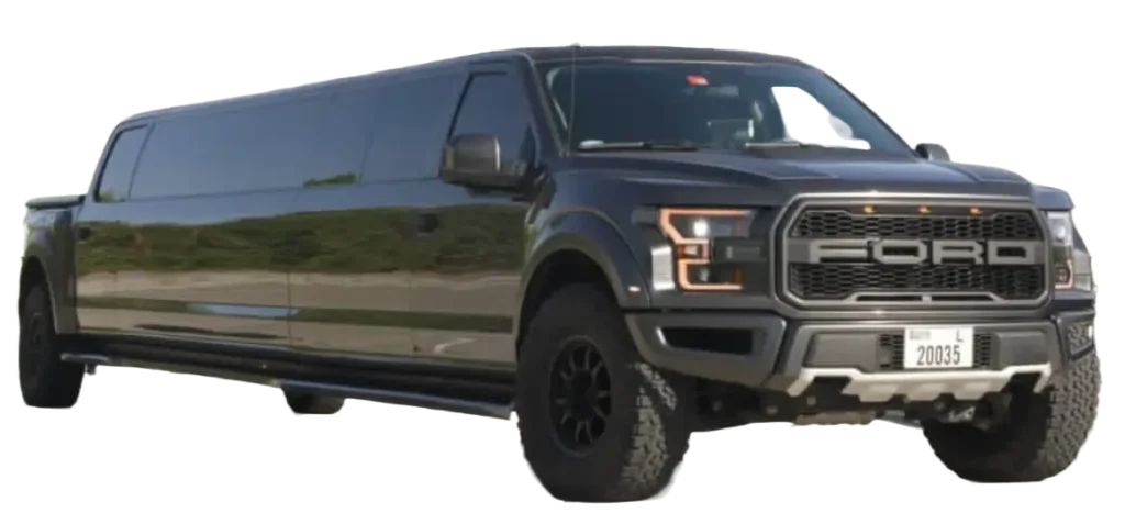 Black Ford Raptor rental limousine available for off-road and luxury transport in Dubai.