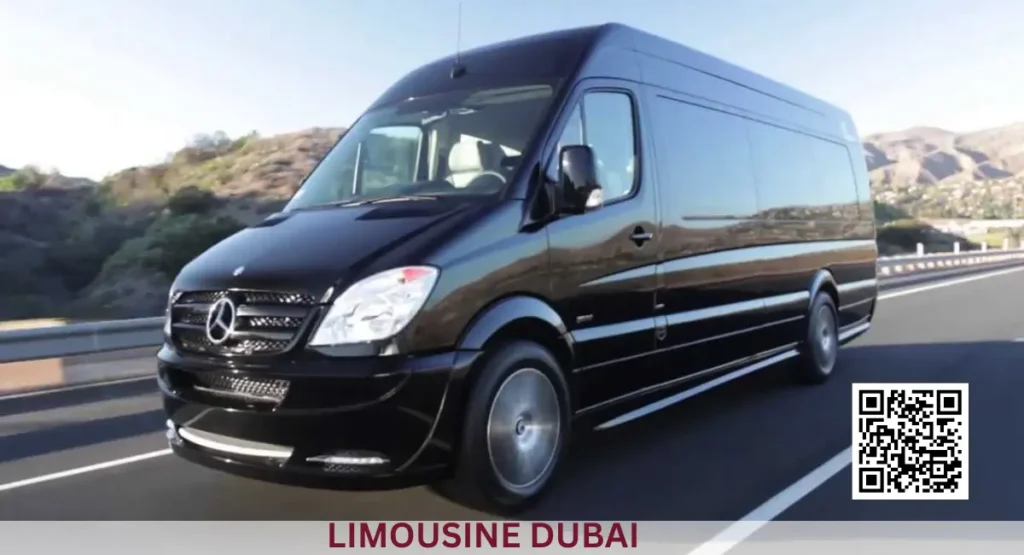 Luxury black Mercedes Sprinter 19 Pax van for limousine service in Dubai, perfect for group travel.