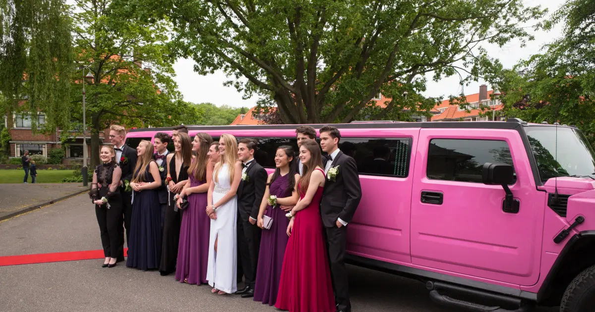 Luxury limousine interior with comfortable passenger seating