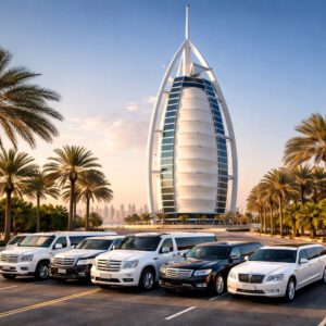 Limousines and Burj Al Arab at sunset
